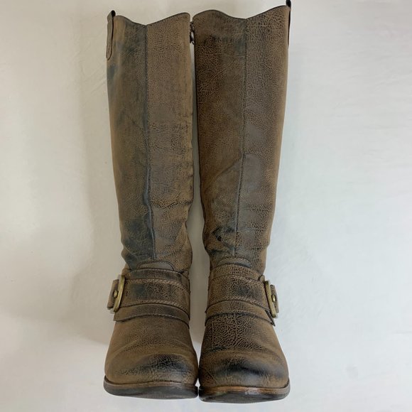 UNR8ED Shoes Unr8ed Destressed Cocoa Faux Suede Riding Boots With Full Zipper Closure Buckle